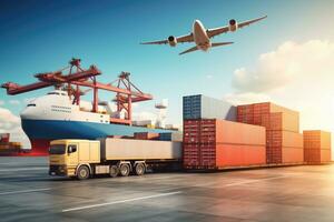 ai generato un Immagine raffigurante la logistica con un' contenitore camion, nave nel porta, e aereo per importare esportare industria.di generativo ai foto