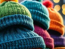 ai generato a maglia delizie accogliente inverno cappelli per freddo giorni. ai generato. foto