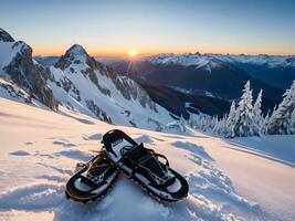 ai generato montagna Alba scoprire serenità con scarpe da neve. ai generato. foto