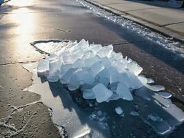 ai generato ghiaccio fusione garantendo inverno sicurezza su ghiacciato marciapiedi. ai generato. foto
