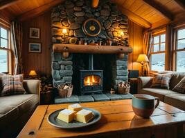 ai generato montanaro comfort accogliente su con un' caldo caldo toddy nel un' Scozzese Highlands cabina. ai generato. foto