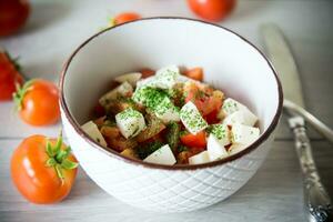 insalata di fresco maturo pomodori con Mozzarella e spezie nel un' ciotola foto