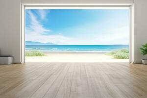 ai generato mare Visualizza grande vivente camera di lusso estate spiaggia Casa con vuoto di legno pavimento. interno 3d illustrazione nel vacanza casa o vacanza villa. generatrice ai. foto
