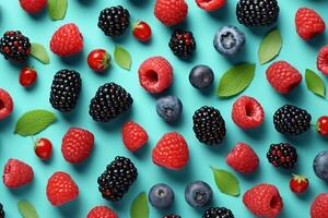 ai generato colorato frutta modello di selvaggio frutti di bosco su blu sfondo. lamponi, mirtilli e more. superiore Visualizza. piatto posizione. generativo ai. foto