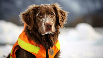 ai generato salvare cane nel segnale veste su nevoso montagne con sfocato sfondo, vicino su con copia spazio foto