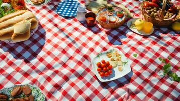 ai generato estate tovaglia picnic cibo foto