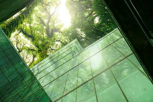 edificio ecologico nella città moderna. edificio per uffici in vetro sostenibile con albero per ridurre il calore e l'anidride carbonica. edificio per uffici con ambiente verde. edificio aziendale ridurre la CO2. foto