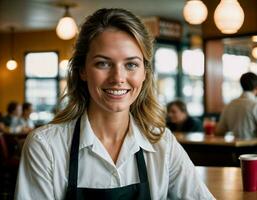 ai generato foto di bellissimo donna come un' cameriera nel retrò cenare ristorante, generativo ai