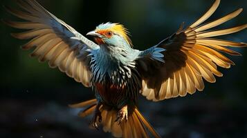 ai generato d'oro fagiano volante uccello natura animale natura foto