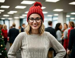 ai generato foto di bellissimo donna con bionda capelli e bicchieri e Beanie cappello ufficio camera, generativo ai