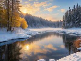 ai generato panoramico Visualizza di congelato lago contro cielo durante inverno foto