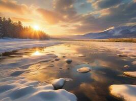 ai generato panoramico Visualizza di congelato lago contro cielo durante inverno foto