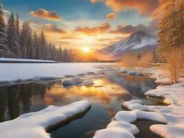 ai generato panoramico Visualizza di congelato lago contro cielo durante inverno foto