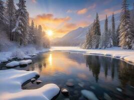 ai generato panoramico Visualizza di congelato lago contro cielo durante inverno foto