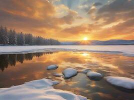 ai generato panoramico Visualizza di congelato lago contro cielo durante inverno foto