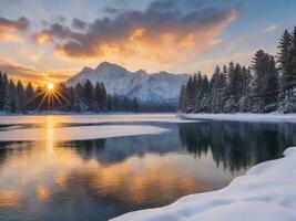 ai generato panoramico Visualizza di congelato lago contro cielo durante inverno foto