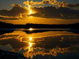 ai generato un Immagine di un' vivace tramonto al di sopra di un' sereno lago, con colorato riflessi scintillante su il acqua con neve foto