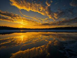 ai generato un Immagine di un' vivace tramonto al di sopra di un' sereno lago, con colorato riflessi scintillante su il acqua con neve foto