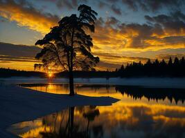 ai generato un Immagine di un' vivace tramonto al di sopra di un' sereno lago, con colorato riflessi scintillante su il acqua con neve foto