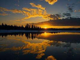 ai generato un Immagine di un' vivace tramonto al di sopra di un' sereno lago, con colorato riflessi scintillante su il acqua con neve foto