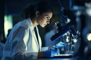 ai generato femmina medico Lavorando a chimica laboratorio nel un' microscopio foto