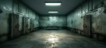 ai generato un vuoto prigione cellula con luci su esso nel un' corridoio foto
