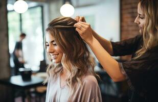 ai generato un' donna essere styled capelli nel un' salone foto