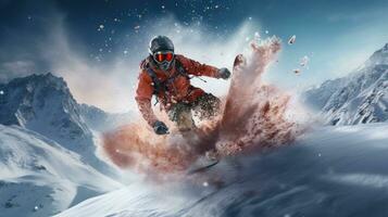 ai generato un' snowboarder salto in giro il neve coperto montagne foto