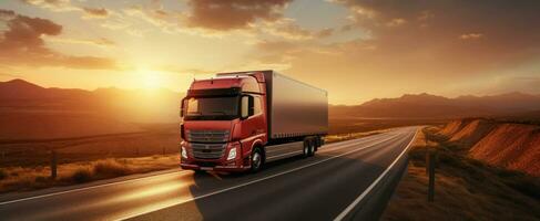 ai generato un' semi camion guida giù un' autostrada a tramonto foto