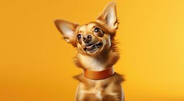ai generato un' cane è guardare verso l'alto su un arancia sfondo foto