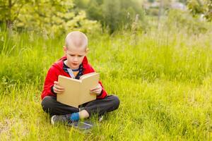 bambino lettura un' libro su il erba foto