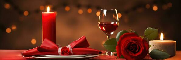 ai generato un' a lume di candela cena tavolo con un' solitario rosso rosa per un' romantico ambiance foto