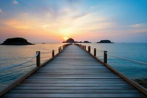 di legno ponte al di sopra di il spiaggia. vacanza e vacanza concetto. generativo ai foto