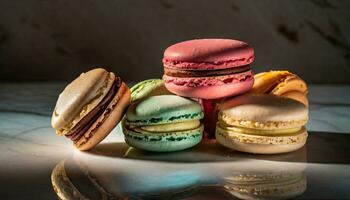 ai generato macarons e tè per pomeriggio spuntini foto