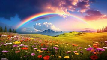 un' tranquillo, calmo paesaggio prato campo con arcobaleno nel il cielo foto