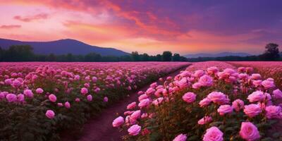 ai generato rosa campo nel il Alba mattina con bellissimo cielo foto