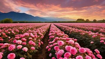 ai generato rosa campo nel il Alba mattina con bellissimo cielo foto