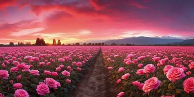 ai generato rosa campo nel il Alba mattina con bellissimo cielo foto