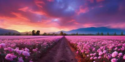 ai generato rosa campo nel il Alba mattina con bellissimo cielo foto