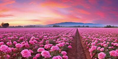 ai generato rosa campo nel il Alba mattina con bellissimo cielo foto