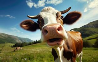 ai generato un' vicino su immagine di un' mucca nel un' verde pascolo foto