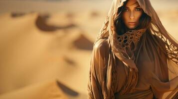 ai generato moda all'aperto foto di bellissimo sensuale arabo donna con buio capelli nel elegante vestito in posa nel il deserto.