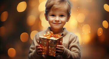 ai generato un' poco sorridente ragazzo detiene un' regalo scatola nel il suo mano, foto