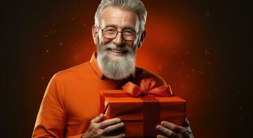 ai generato un più vecchio uomo Tenere un arancia regalo scatola foto