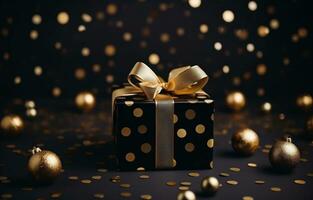 ai generato Natale regalo nel nero scatola con d'oro palle su sfondo piatto nero coriandoli foto
