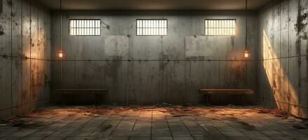 ai generato un' prigione cellula con leggero splendente attraverso il finestre foto