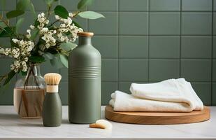 ai generato verde bottiglia di shampoo, asciugamano, di legno spazzole, e erbe aromatiche nel un' bianca ceramica bagno foto
