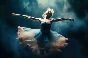 ai generato classico balletto coreografico danza, buio sfondo. ballerino ballerina su professionale. ai generato. foto