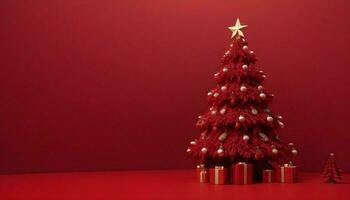 ai generato allegro Natale albero rosso sfondo sfondo foto