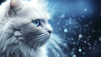 ai generato un' carino soffice gatto con luminosa blu occhi fissando al di fuori foto